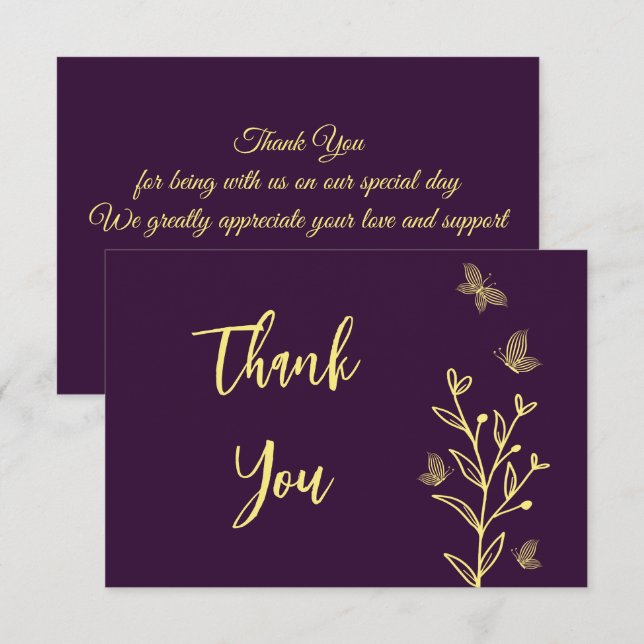 Simple gold flowers purple wedding thank you card (Front/Back)