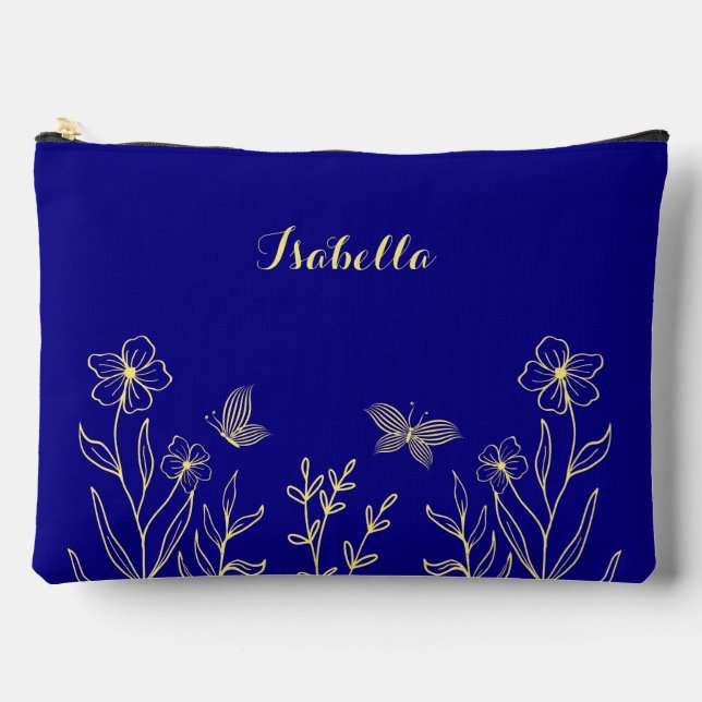 Simple gold flowers royal blue  accessory pouch (Front)