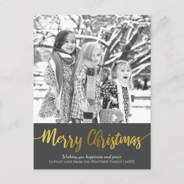Simple Gold Foil Christmas Family Photo Holiday Postcard (Front)