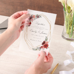 simple gold frame chic Watercolor Floral wedding Vellum Invitations