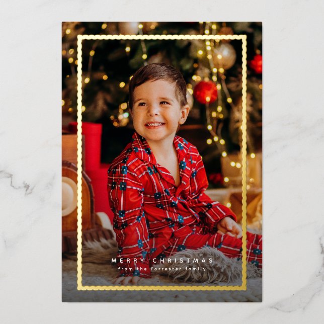 Simple gold frame Christmas photo Foil Holiday Card (Front)