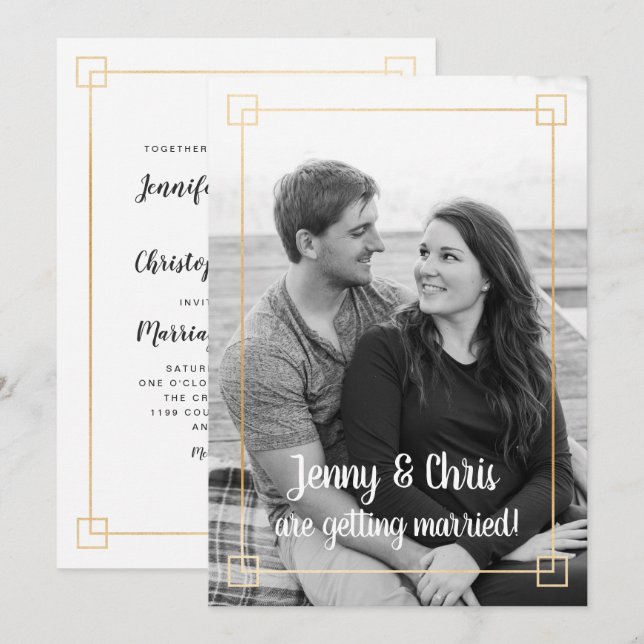 Simple gold frame photo wedding celebration invite (Front/Back)