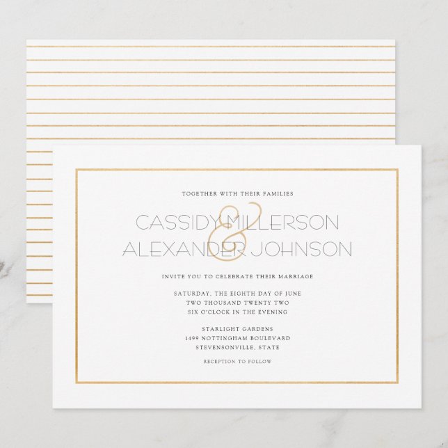 Simple gold frame wedding invitations - clean (Front/Back)
