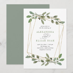 Simple Gold Geometric and Greenery Wedding Invitation