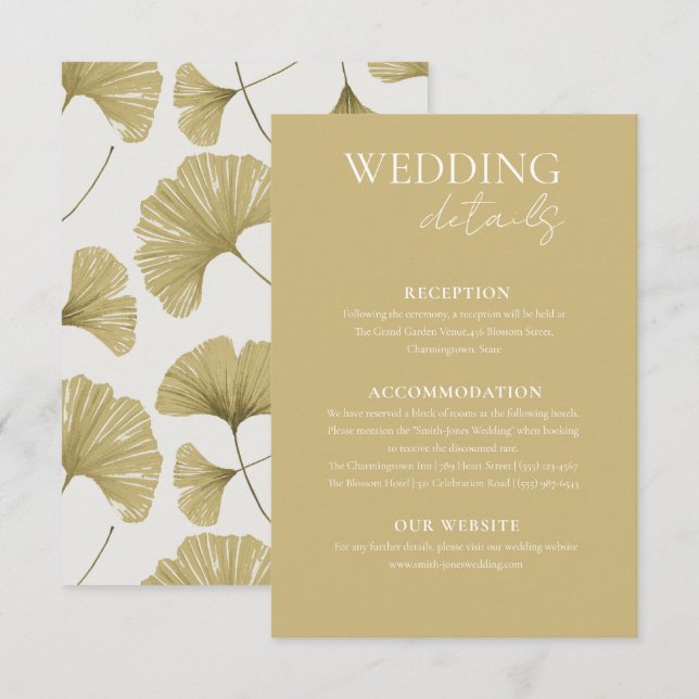 Simple Gold Ginkgo Leaf Wedding Details Enclosure Card (Front/Back)