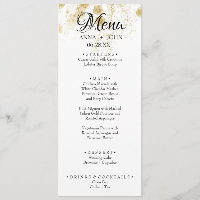 Simple Gold Glitter Add Name Date Wedding Dinner Menu (Front)