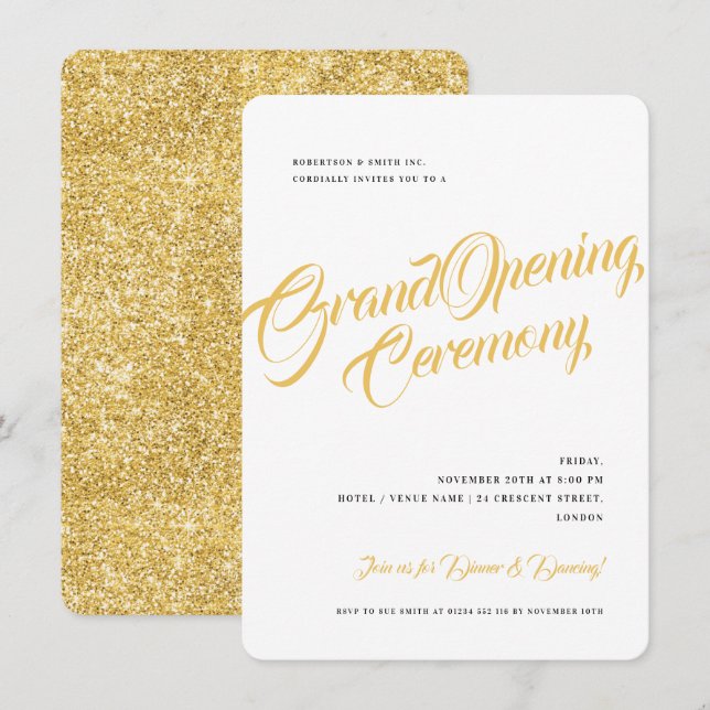 Simple Gold Glitter Corporate Grand Opening  Invit Invitation (Front/Back)