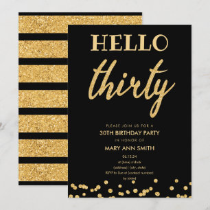 Simple Gold Glitter "Hello Thirty" Birthday Party Invitation