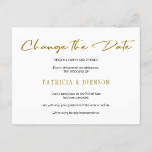 Simple gold glitter wedding change the date announcement postcard