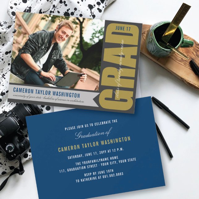 Simple Gold GRAD Overlay Modern Graduation Party Invitation (Creator Uploaded)