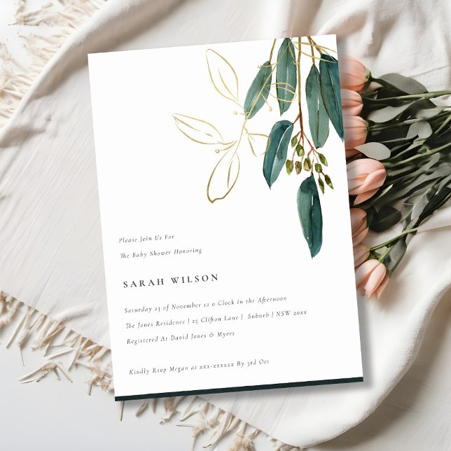 Simple Gold Green Eucalyptus Foliage Baby Shower Invitation (Creator Uploaded)