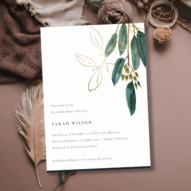 Simple Gold Green Eucalyptus Foliage Bridal Shower Invitation (Creator Uploaded)
