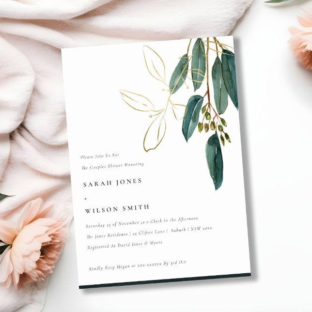 Simple Gold Green Eucalyptus Foliage Couple Shower Invitation (Creator Uploaded)