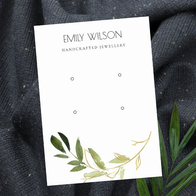 SIMPLE GOLD GREEN FOLIAGE TWO EARRING DISPLAY LOGO BUSINESS CARD (Creator Uploaded)