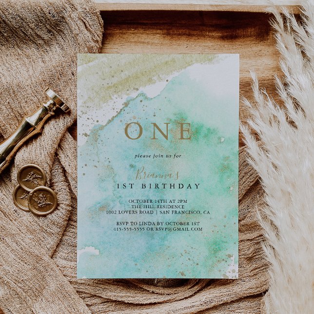 Simple Gold Green Minimalist First Birthday Party Invitation (Creator Uploaded)