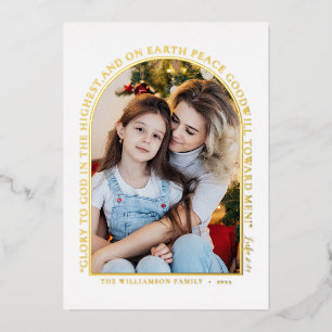 Simple Gold Greenery Photo Collage Christmas Foil Holiday Card