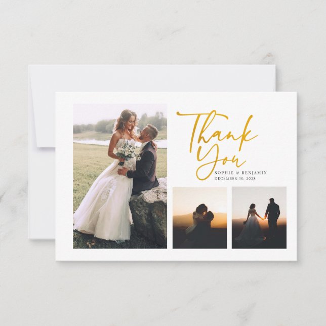 Simple Gold Hand-Lettered Wedding Thank You Card (Front)