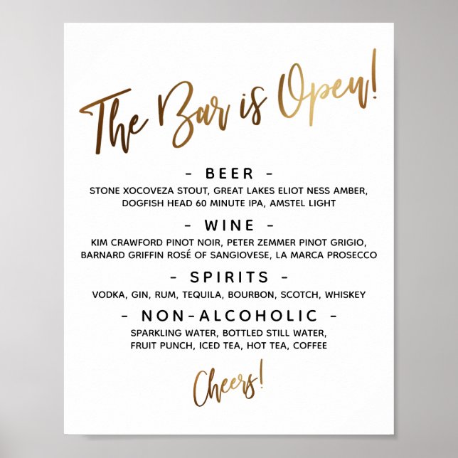 Simple Gold Handwriting Open Bar Menu Sign (Front)