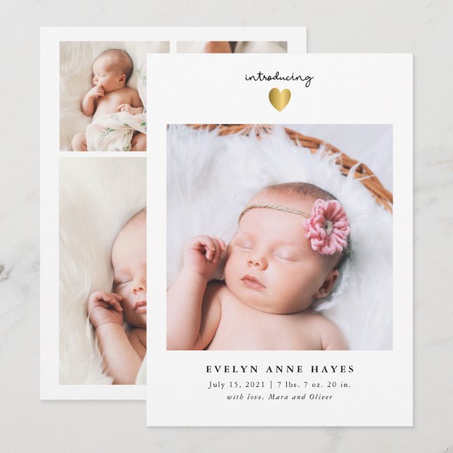 Simple Gold Heart Baby Photo Birth Announcement (Front/Back)