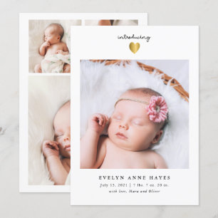Simple Gold Heart Baby Photo Birth Announcement