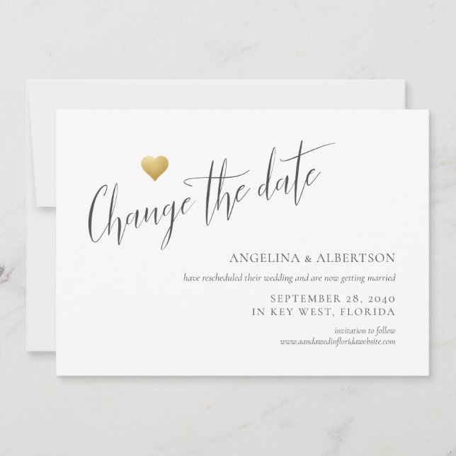 Simple Gold Heart Change the Date Wedding Announcement (Front)