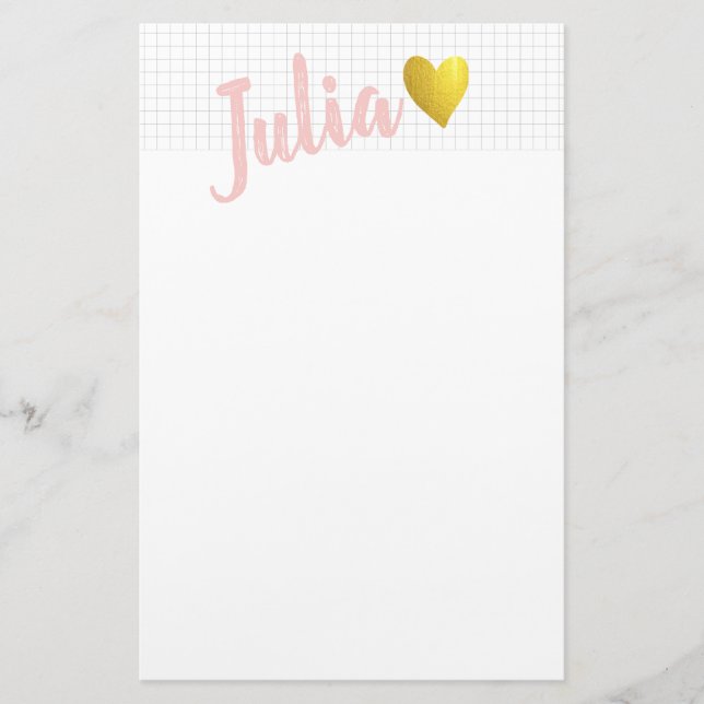 Simple Gold Heart Grid Lines Pink Personalised Stationery (Front)