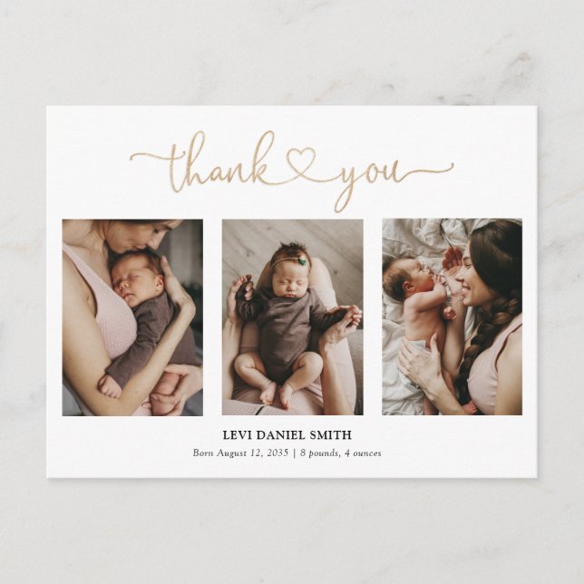 Simple Gold Heart Script 3 Photo Baby Thank You Postcard (Front)