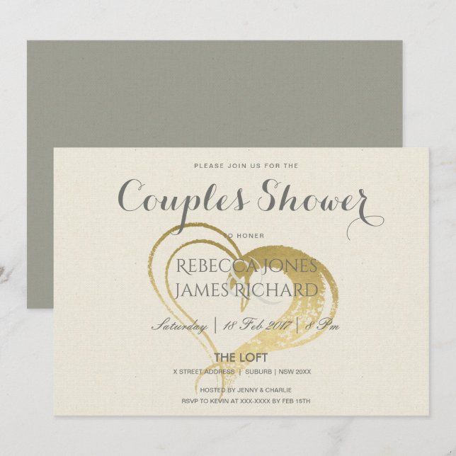 SIMPLE GOLD HEART TYPOGRAPHY COUPLES SHOWER INVITATION (Front/Back)