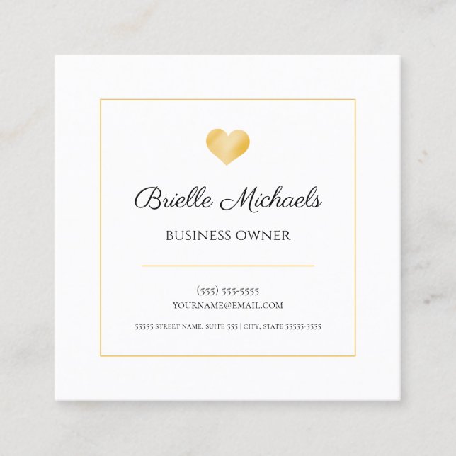 Simple Gold Heart With Elegant Black Script Square Business Card (Front)