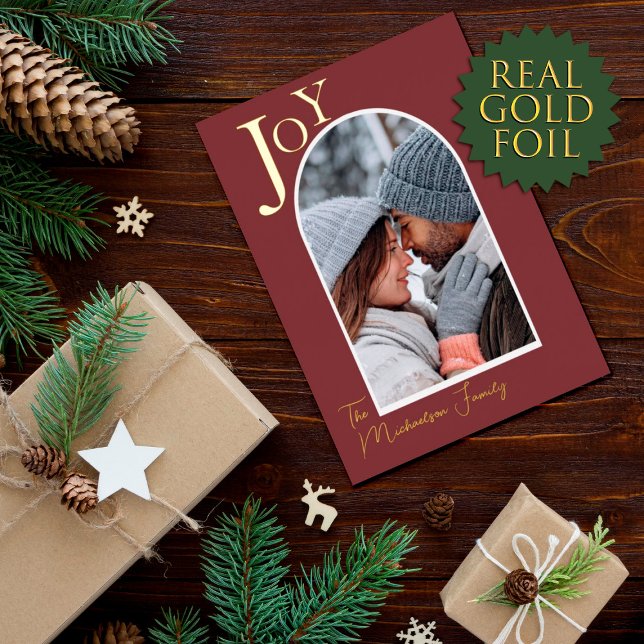 Simple Gold Joy Family Photo Arch Christmas Foil Holiday Card (Creator Uploaded)