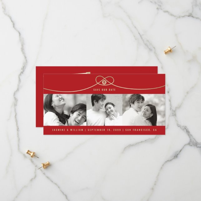 Simple Gold Knot Double Happiness 3 Photo Chinese  Save The Date (Front/Back In Situ)