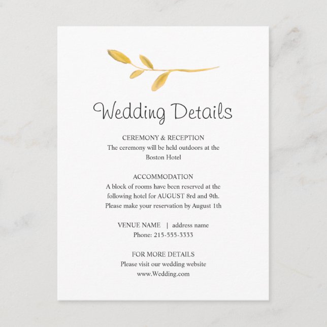 Simple gold leaf. Beautiful Wedding Details Info E Enclosure Card (Front)