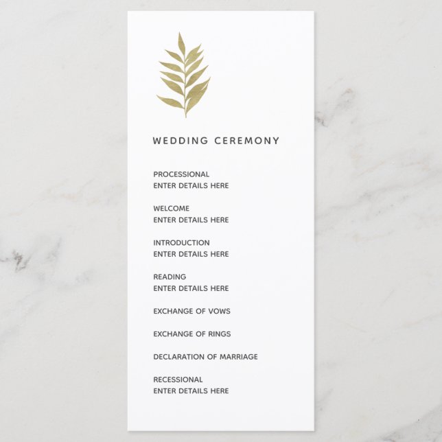 Simple Gold Leaf Botanical Wedding Ceremony Programme (Front)