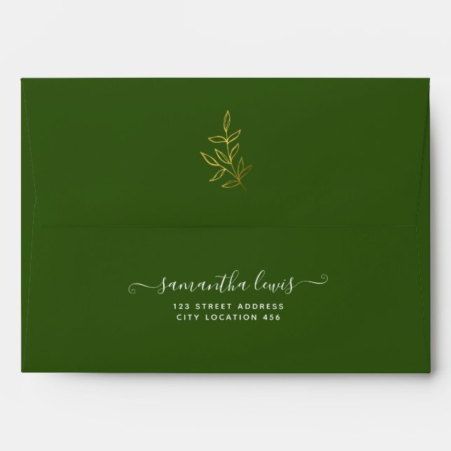 Simple Gold Leaves Forest Green Wedding  Envelope (Back (Top Flap))