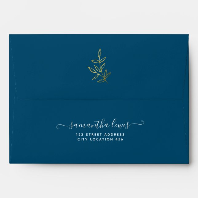 Simple Gold Leaves Ocean Blue Wedding Envelope (Back (Top Flap))