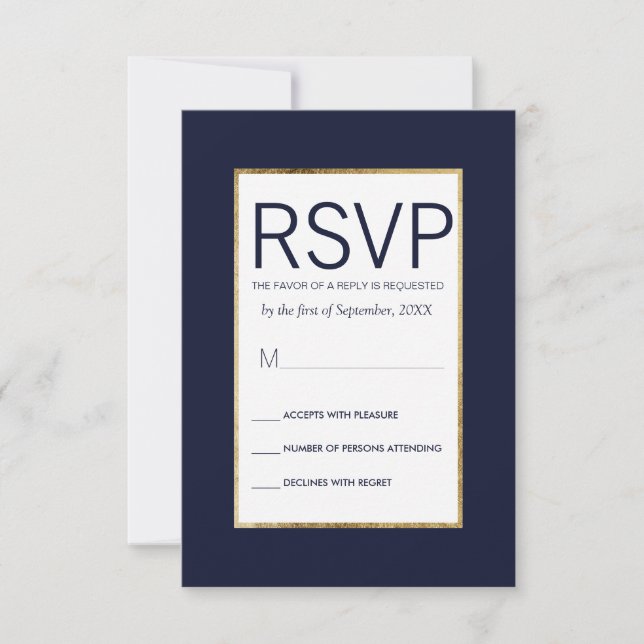Simple Gold Lined Navy Blue RSVP Cards (Front)