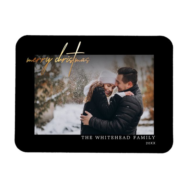 Simple Gold Merry Christmas Black Card Magnet (Horizontal)