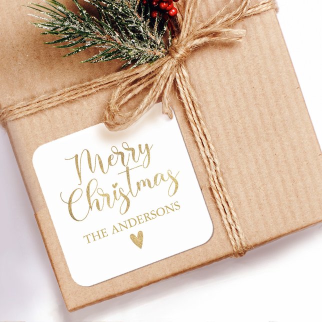 Simple Gold Merry Christmas Calligraphy Script Square Sticker (An elegant gold and white Merry Christmas sticker.)