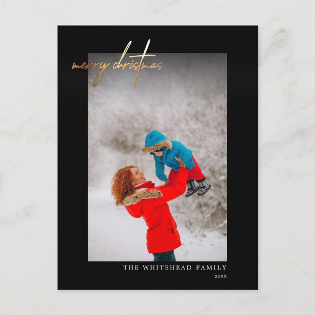 Simple Gold Merry Christmas Photo Black Postcard (Front)