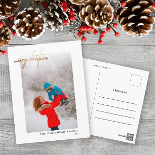 Simple Gold Merry Christmas Photo White Postcard