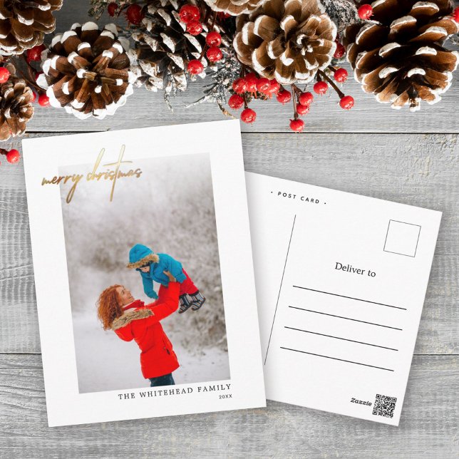Simple Gold Merry Christmas Photo White Postcard (Creator Uploaded)
