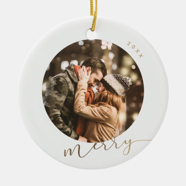 Simple Gold Merry Photo Ceramic Tree Decoration (Front)