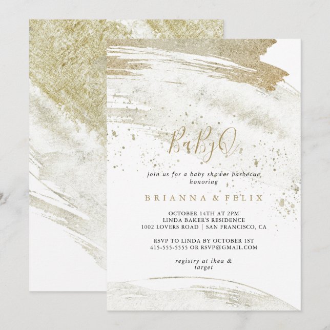 Simple Gold Minimalist BabyQ Baby Shower Barbecue Invitation (Front/Back)