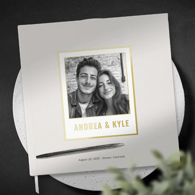 Simple Gold Minimalist Frame Wedding Photo Guest Book (Simple gold Frame, polaroid style elegant wedding guest book)