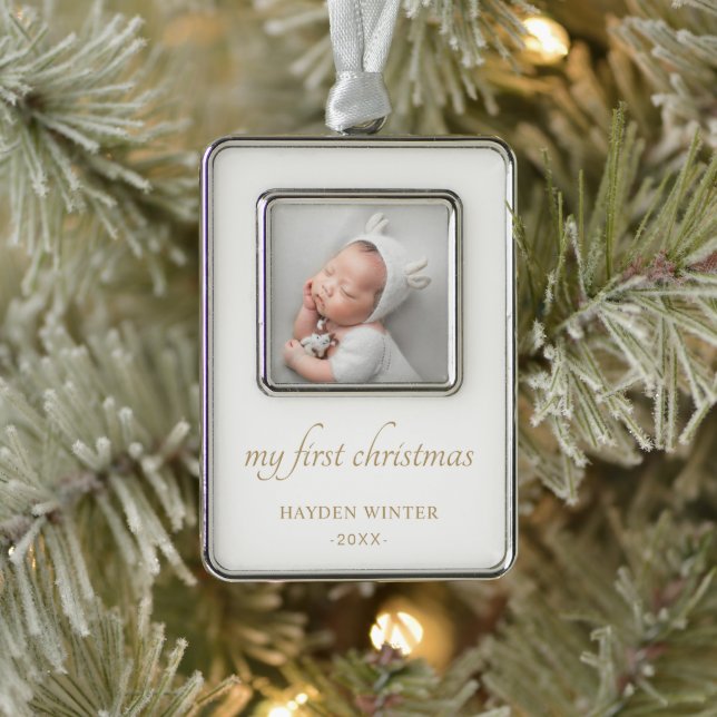 Simple Gold Minimalist Photo Baby's First Silver Plated Framed Ornament (Tree)
