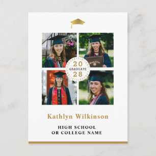 Simple Gold Modern 4 Photo Collage Graduation Invitation Postcard