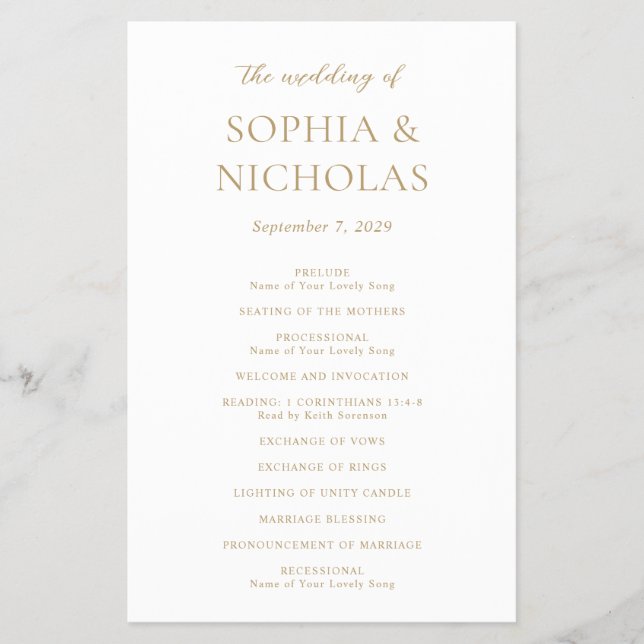 Simple Gold Modern Budget Wedding Program Flyer (Front)