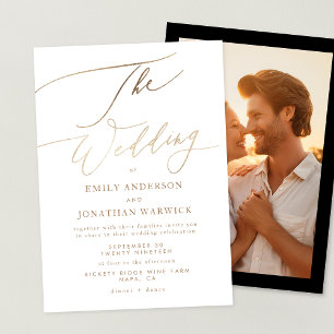 Simple Gold Modern Calligraphy Photo Wedding Invitation