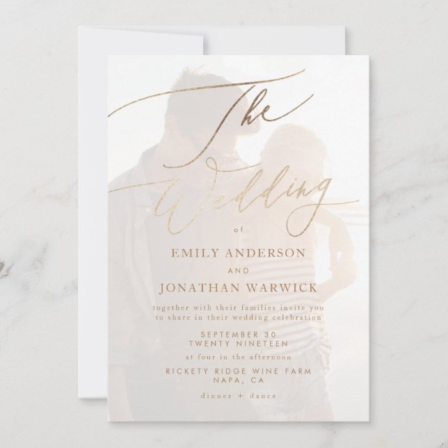 Simple Gold Modern Calligraphy Photo Wedding Invitation (Front)