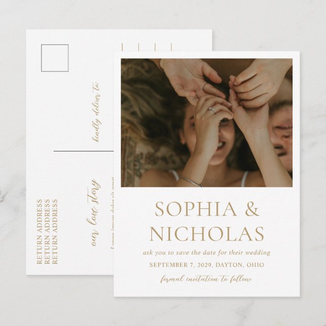 Simple Gold Modern Photo Wedding Save the Date Announcement Postcard (Front/Back)